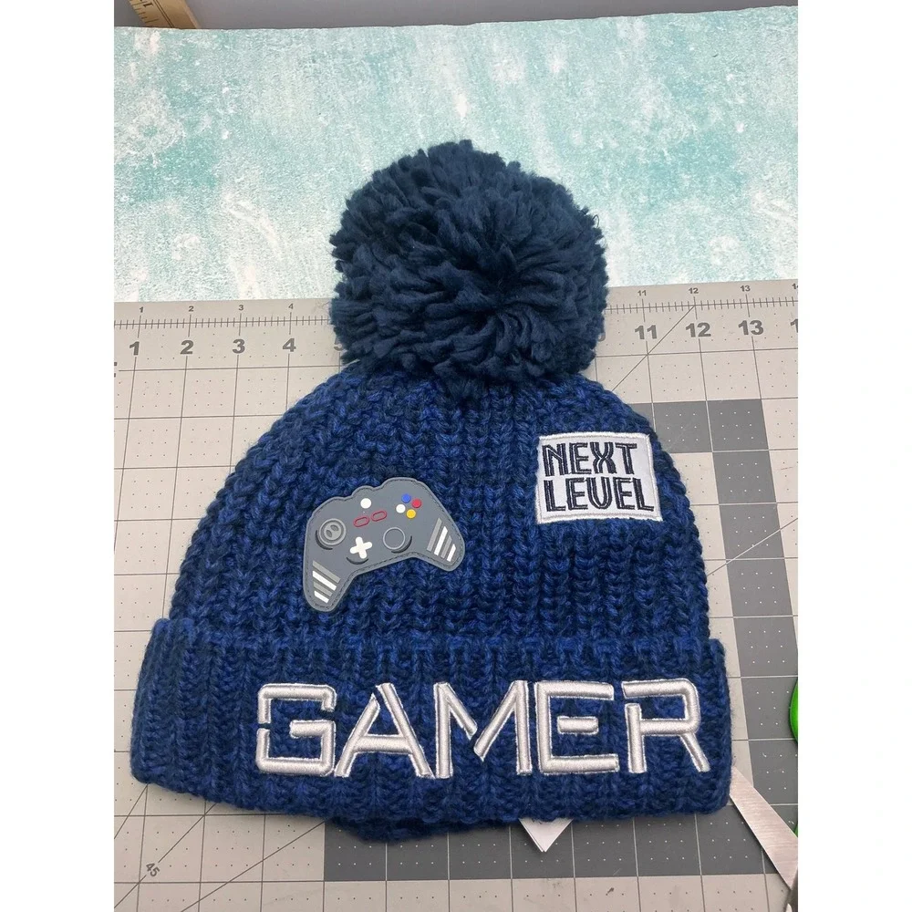Childrens Place Gamer Beanie Boys L/XL Blue Excellent Pom Pom Fleece Lined Hat